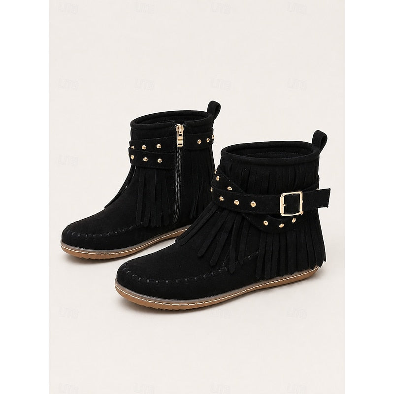 Women's Fringe Moccasin Booties – Black