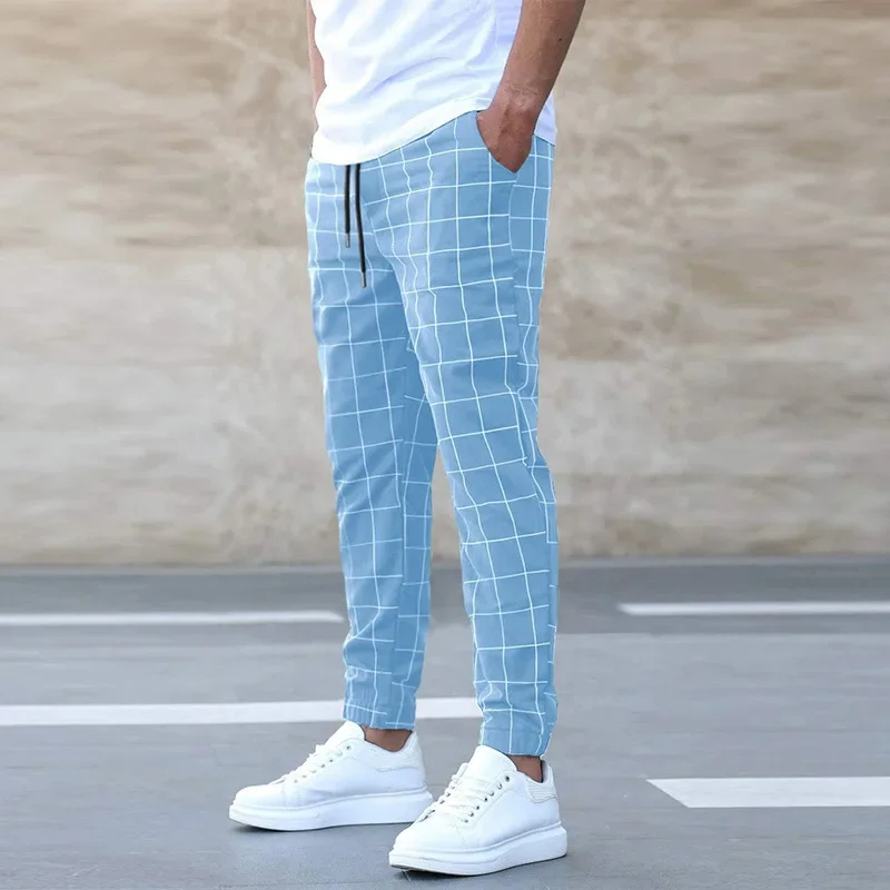 Men's Print-Detail Slim-Tapered Joggers with Drawstring Waist – Light Blue