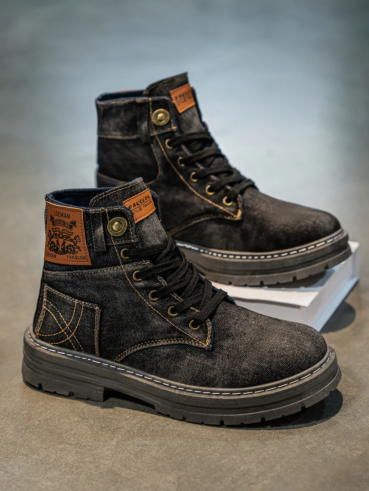 Men's Denim-Style Laced Boots – Black