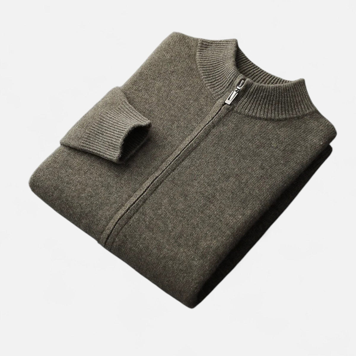 Men's Merino Wool Full-Zip Stand Collar Knit Cardigan – Army Green