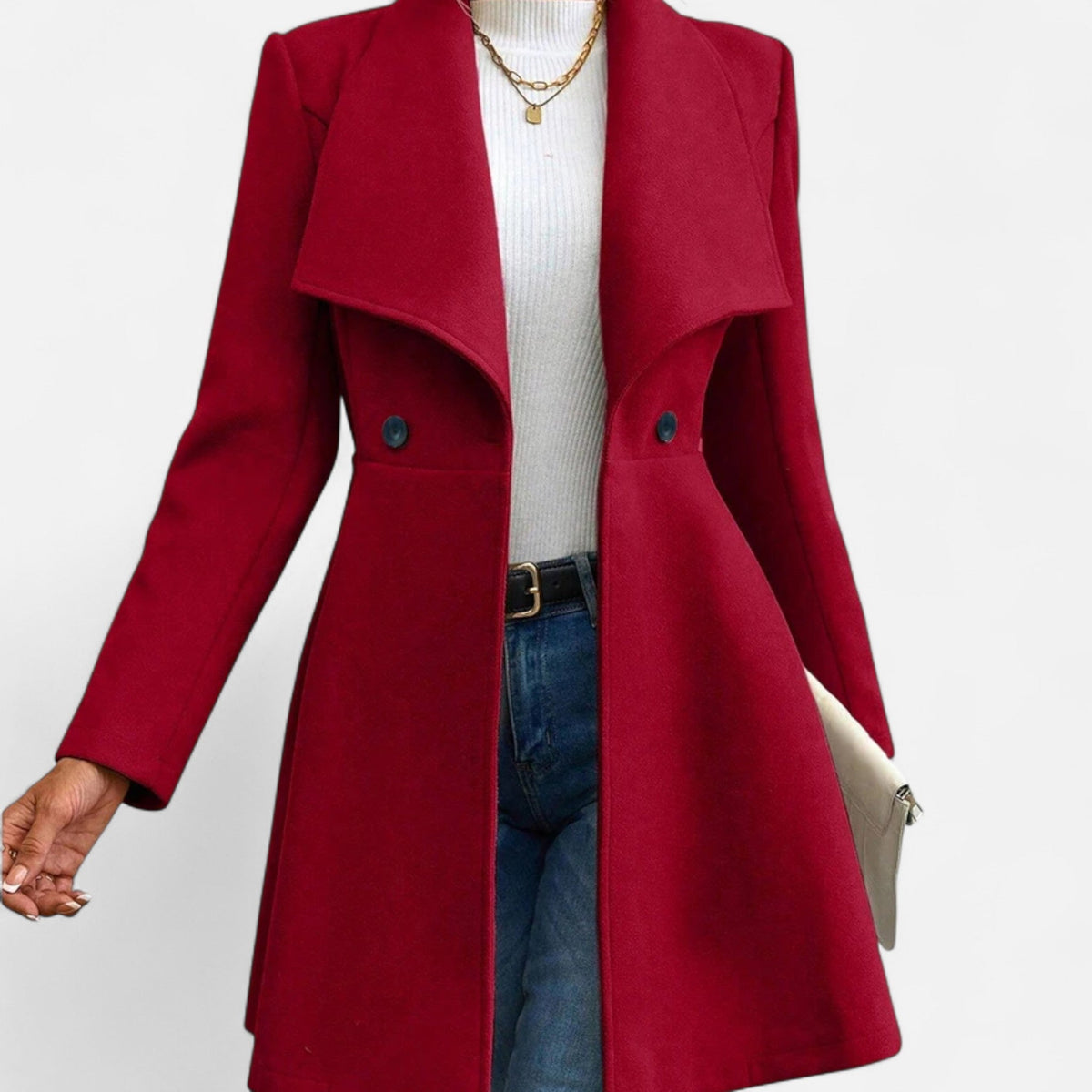 Women's Lapel Wool Cold-Weather Coat with Button Front – Wine Red