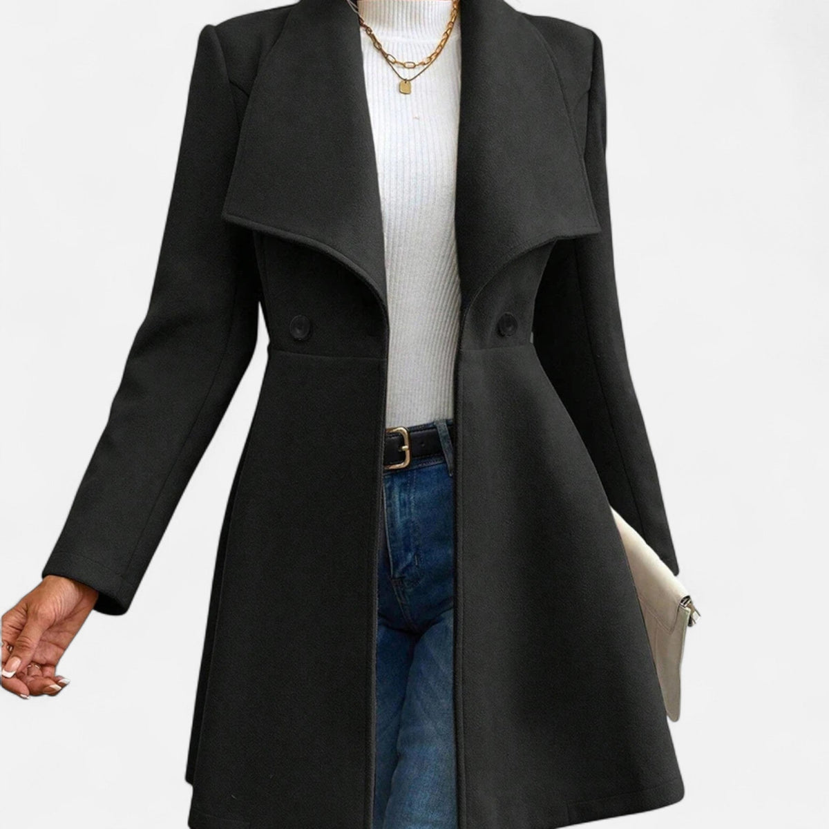 Women's Lapel Wool Cold-Weather Coat with Button Front – Black