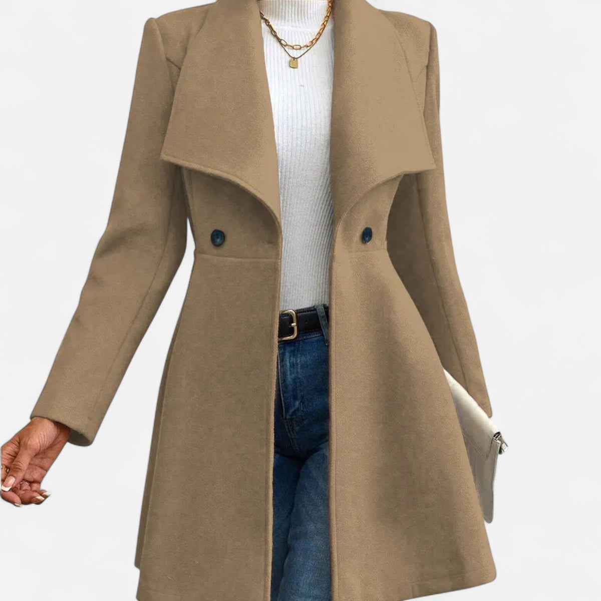 Women's Lapel Wool Cold-Weather Coat with Button Front – Light Brown