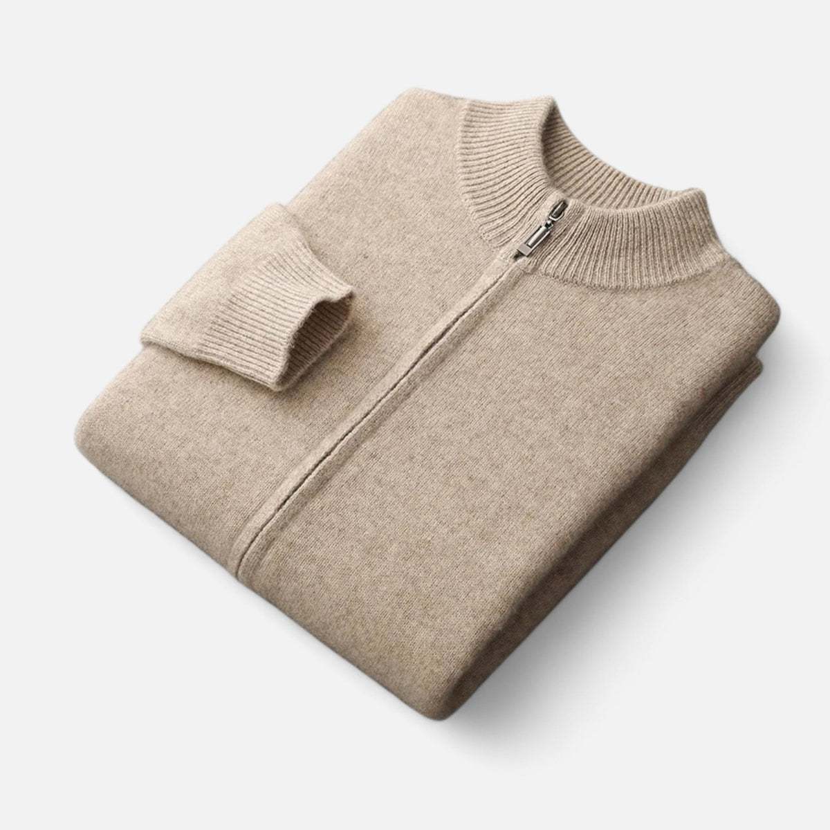 Men's Merino Wool Full-Zip Stand Collar Knit Cardigan – Beige