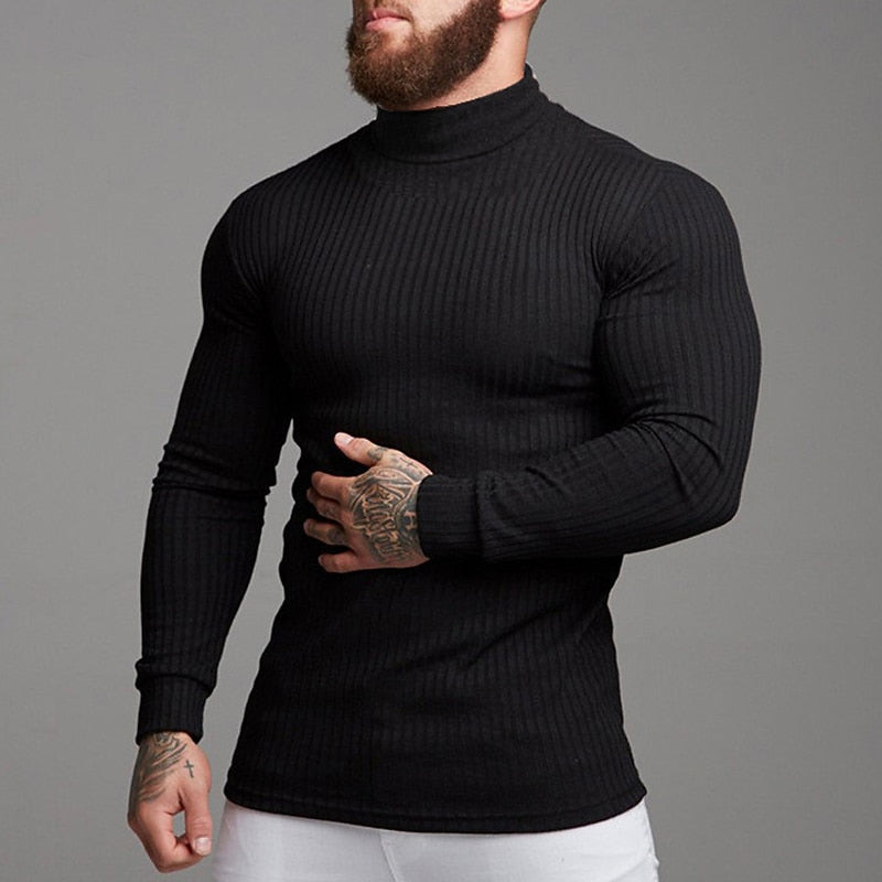 Men's Light-Weight Rib-Knit Roll-Neck Knit Pullover – Black