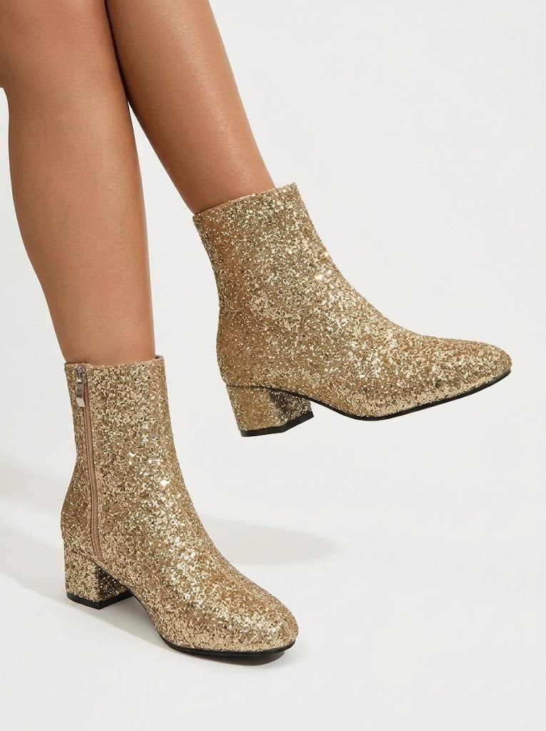 Women's Glitter Pointed-Toe Booties – Gold