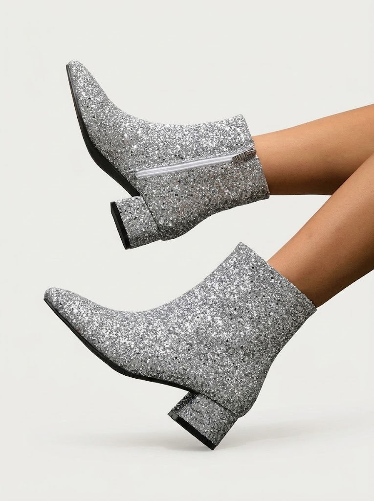 Women's Glitter Pointed-Toe Booties – Silver