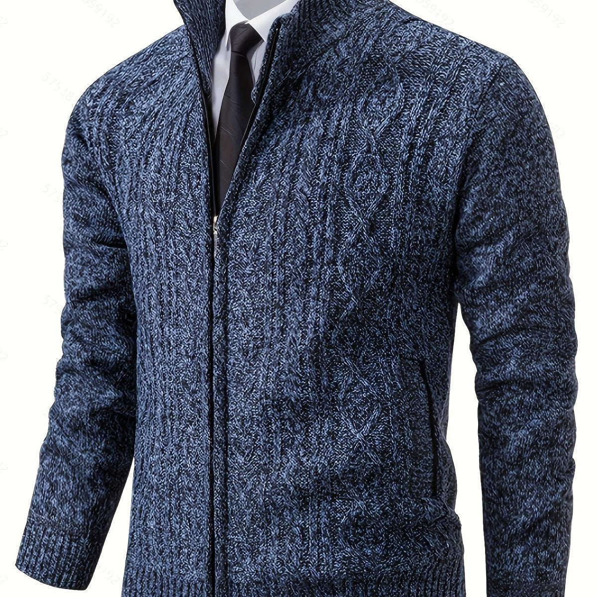 Men's Cable-Stitch Stand Collar Zip-Front Knit Cardigan – Blue