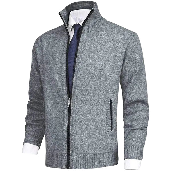 Men's Textured Knit Zip Knit Cardigan with Side Pockets – Light Gray