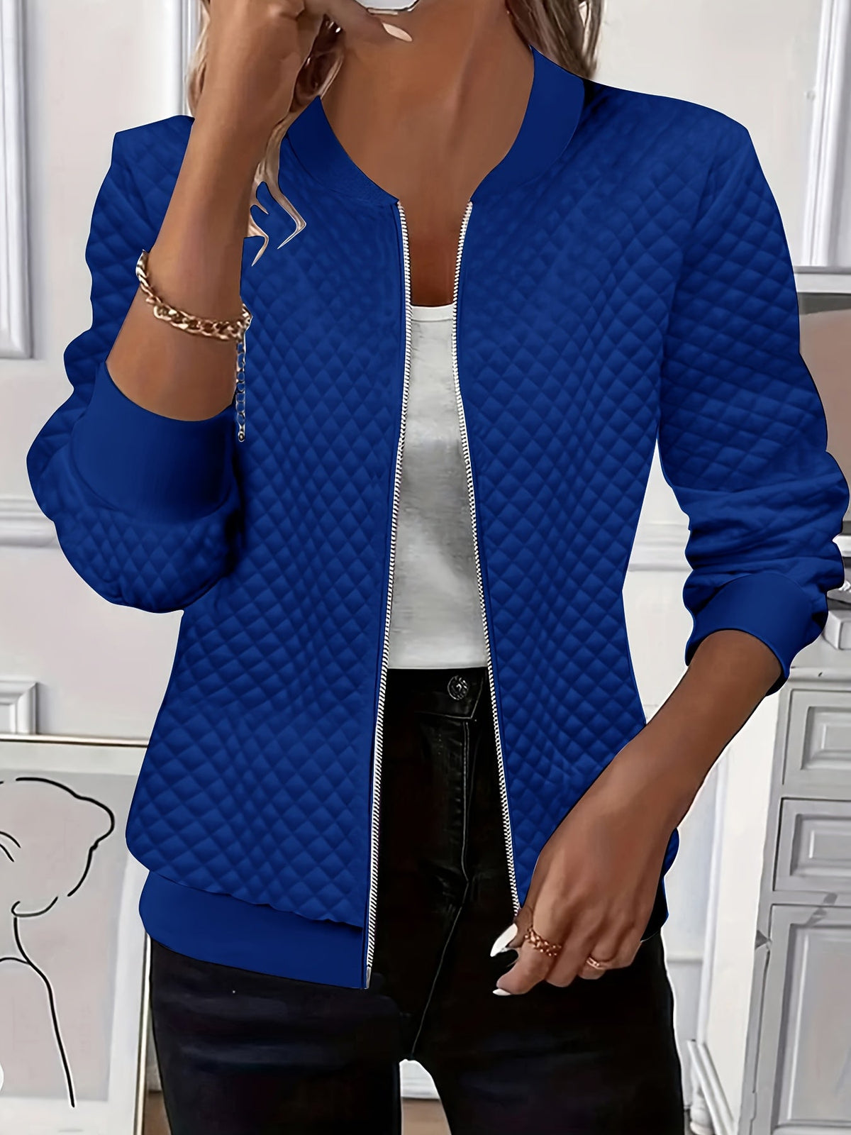 Women's Quilted-Texture Baseball Collar Jacket for Work – view 3