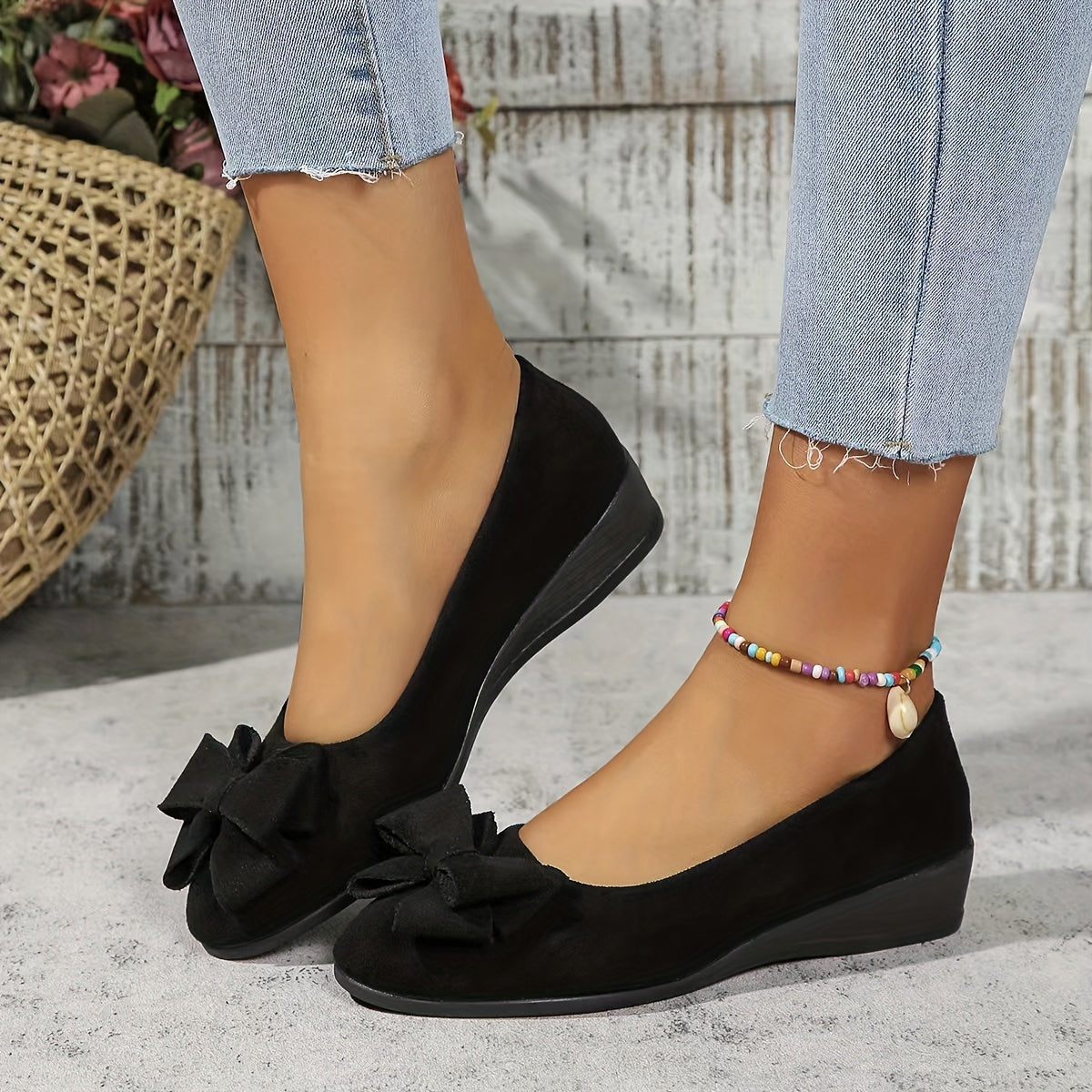 Women's Bow Detail Support Flats – Black