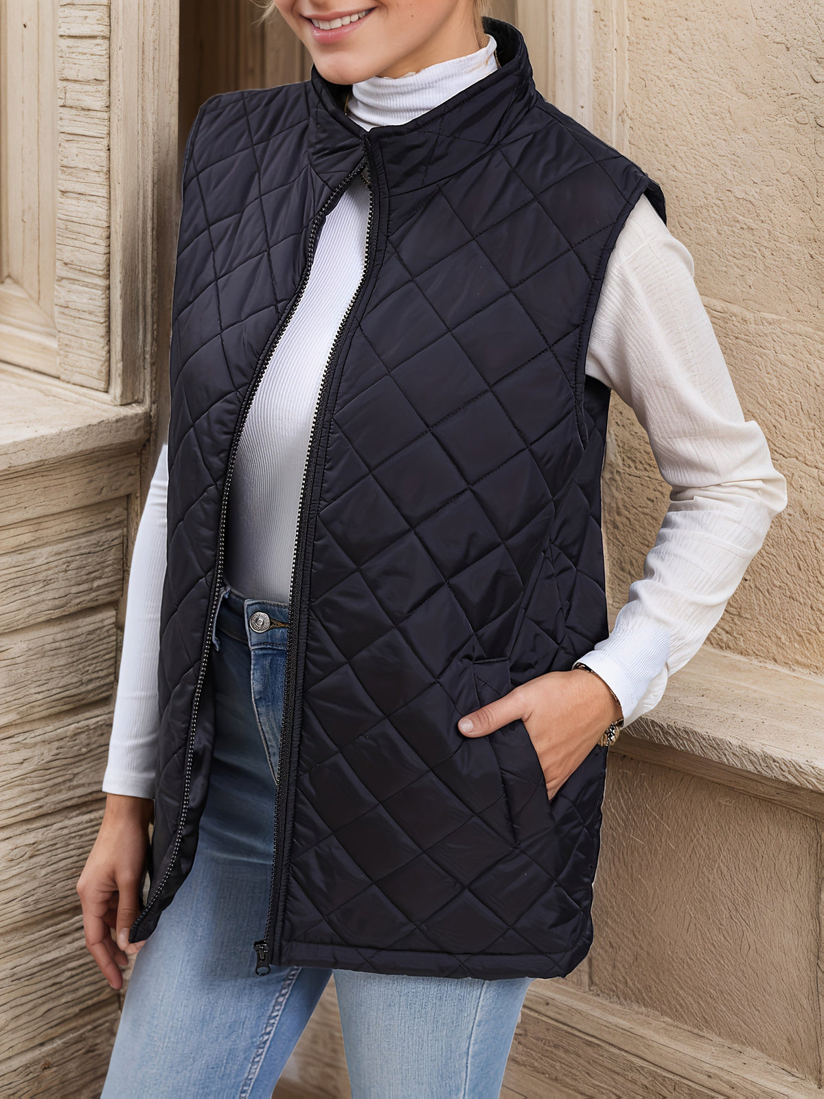 Women's Diamond-Quilted Longline Vest for Layering – view 3
