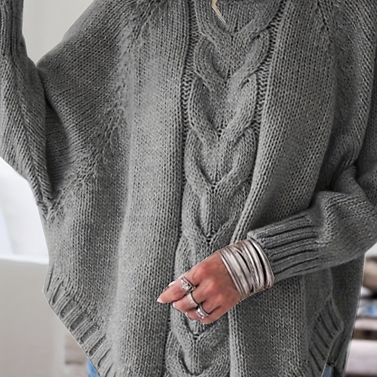 Women's Cable-Stitch High Neck Relaxed-Fit Pullover – Dark Gray