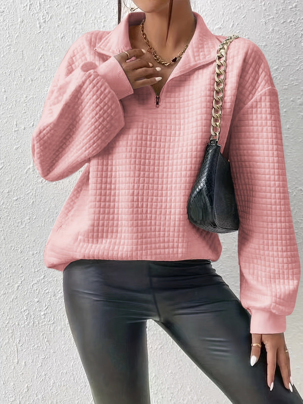 Women's Half-Zip Stand Collar Textured Knit Sweater for Layering – Pink