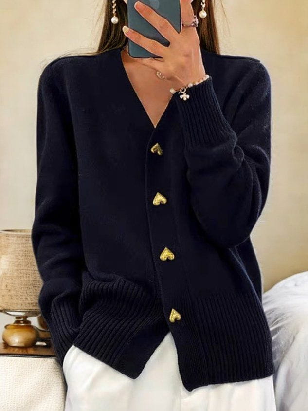 Women's Heart-Button V-Neckline Knit Cardigan – Black