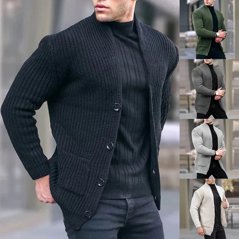 Men's Easy-Fit Open-Neck Knit Cardigan with Pockets – Black