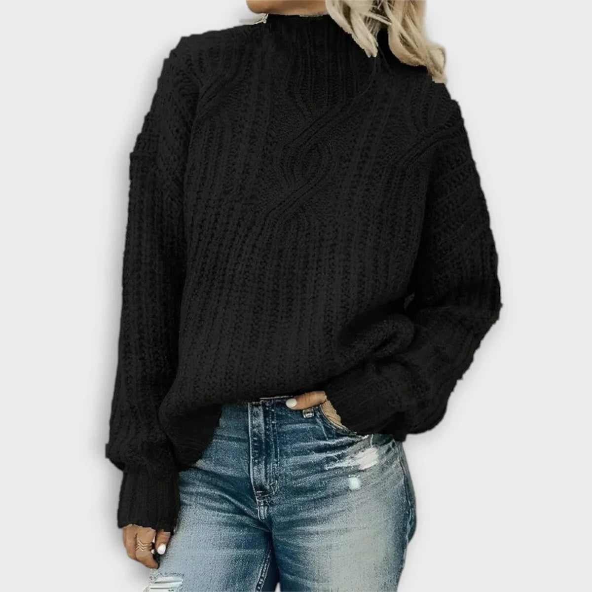 Women's Rib-Knit High-Neck Pullover – Black