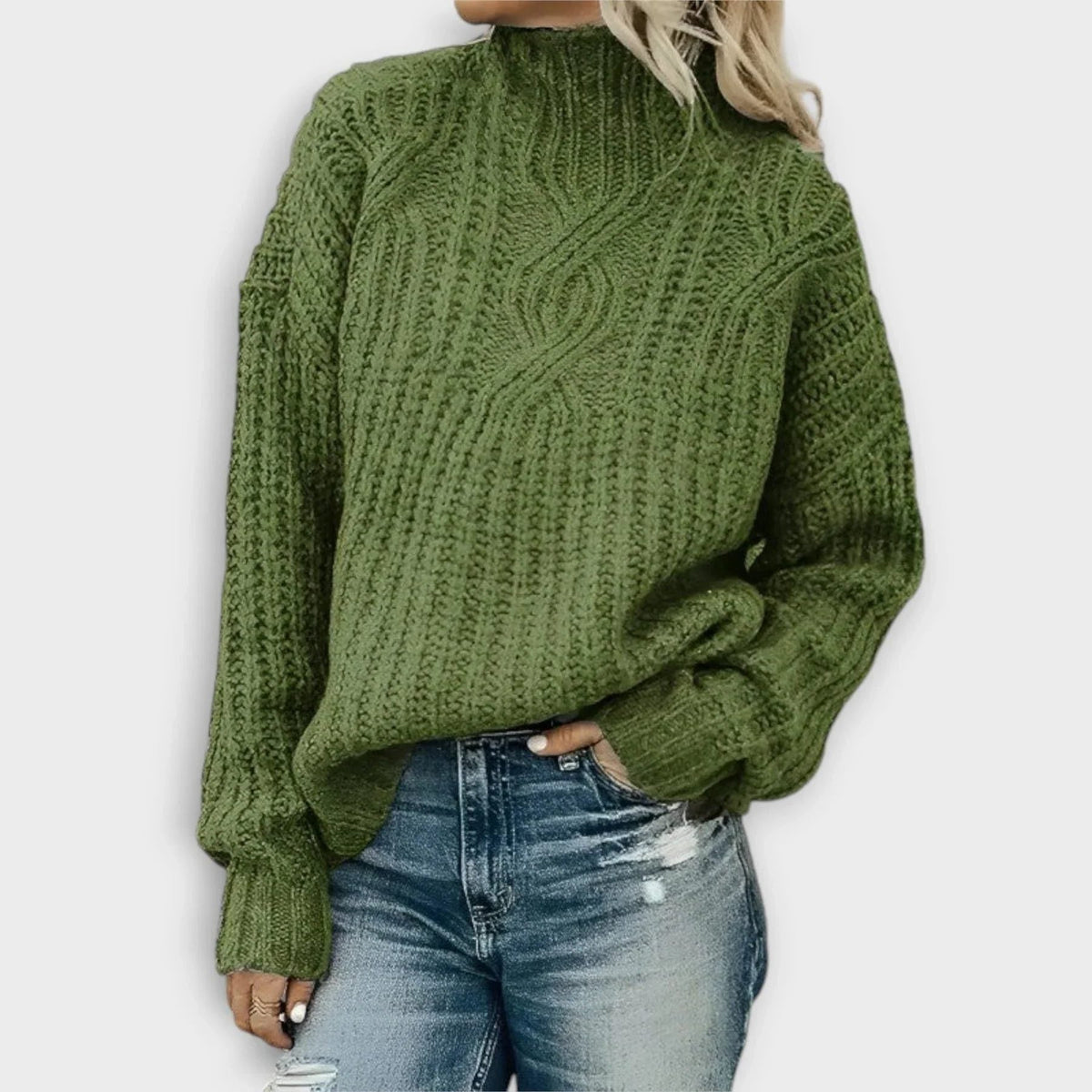 Women's Rib-Knit High-Neck Pullover – Green