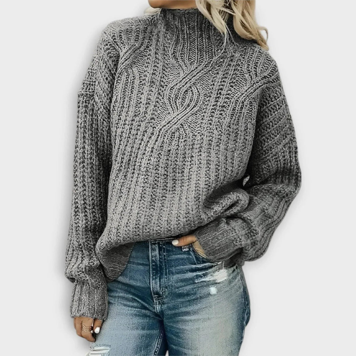 Women's Rib-Knit High-Neck Pullover – Gray