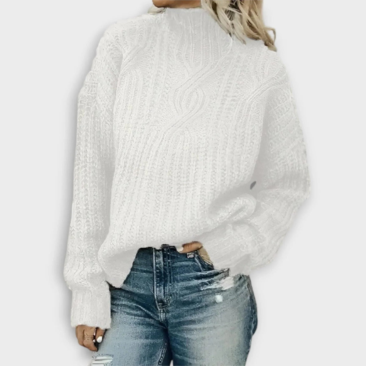 Women's Rib-Knit High-Neck Pullover – White