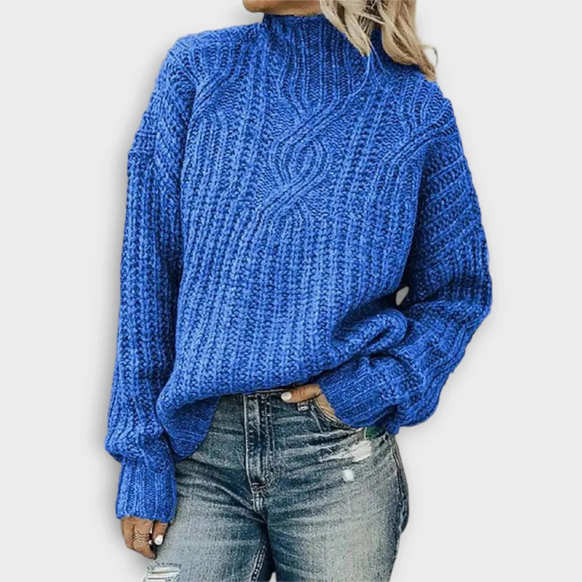 Women's Rib-Knit High-Neck Pullover – Blue