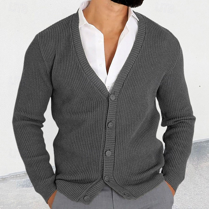 Men's Timeless V-Neckline Rib-Knit Button-Front Knit Cardigan – Gray