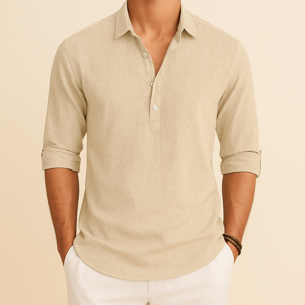 Men's Oversized Long Sleeve Polo Shirt – Beige