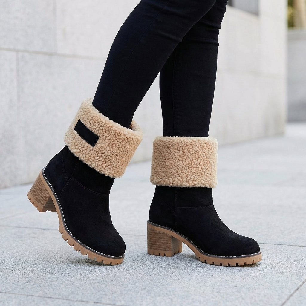 Women's Fleece Lined Block-Heel Booties – Black