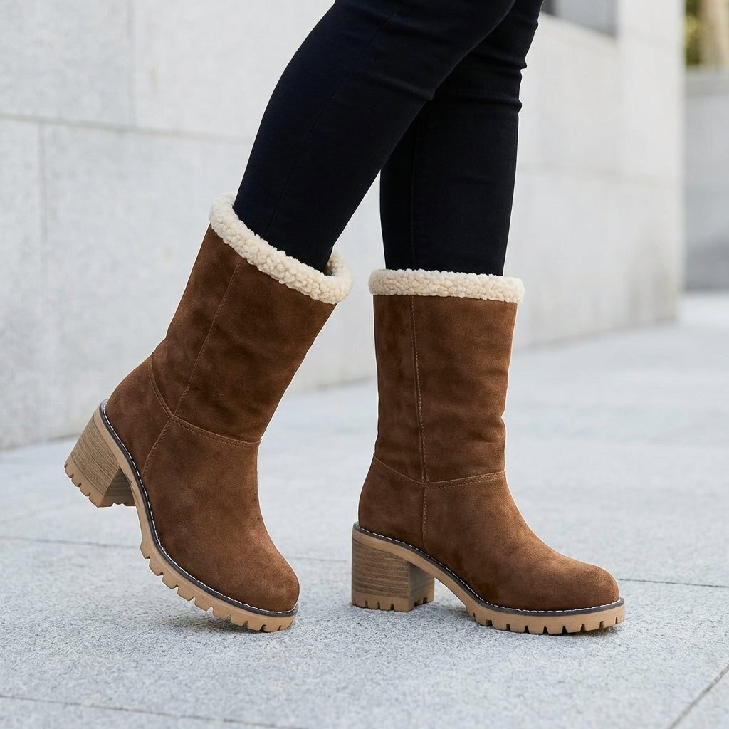 Women's Fleece Lined Block-Heel Booties – Dark Brown