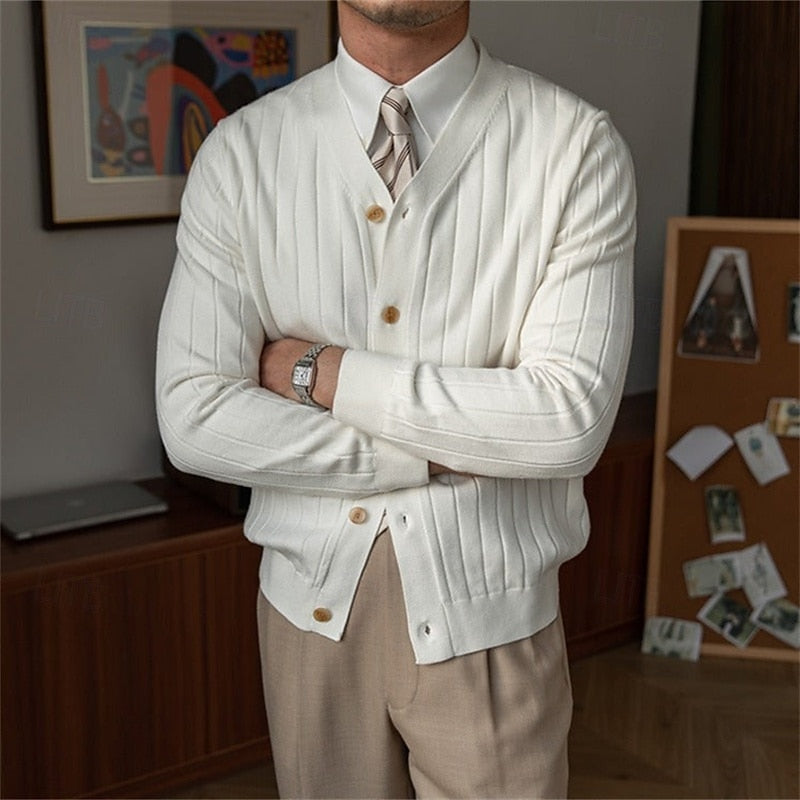 Men's Rib-Knit V-Neckline Button-Front Knit Cardigan – White