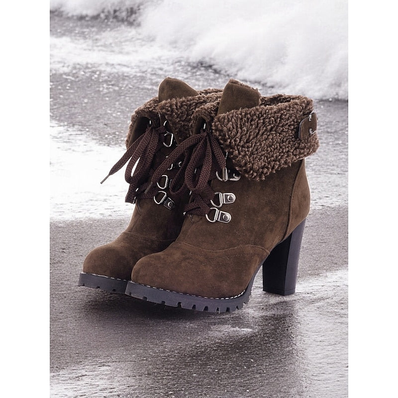 Women's Plush-Lined Laced Cold-Weather Boots with Chunky Heel – Dark Brown