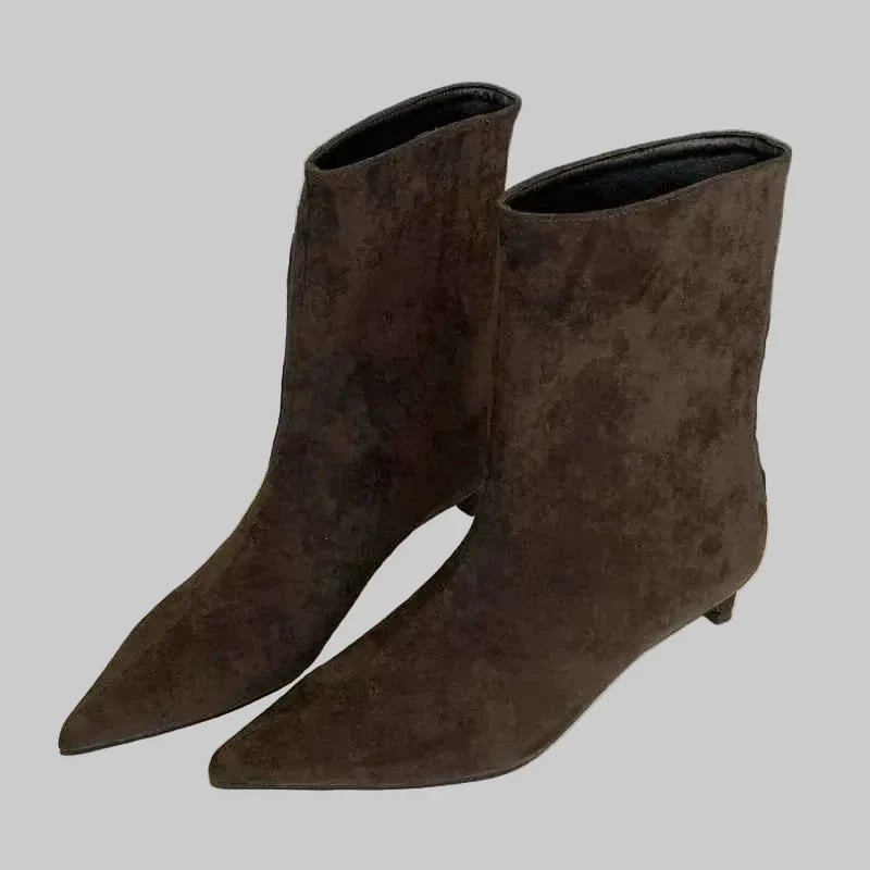 Women's Sleek Pointed-Toe Booties with Low Heel – Dark Brown