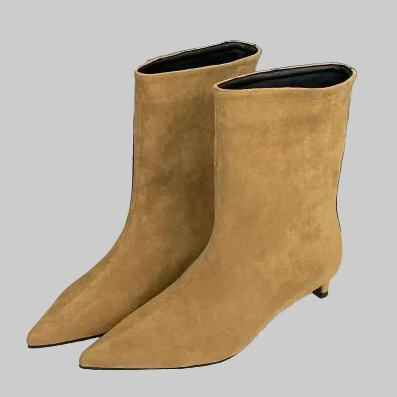 Women's Sleek Pointed-Toe Booties with Low Heel – Light Brown