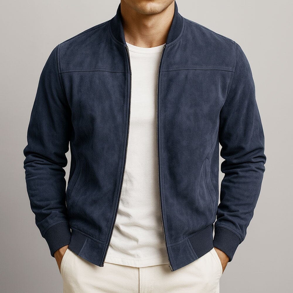 Men's Slim-Cut Suede-Finish Bomber Jacket – Navy Blue