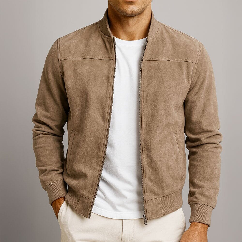 Men's Slim-Cut Suede-Finish Bomber Jacket – Brown