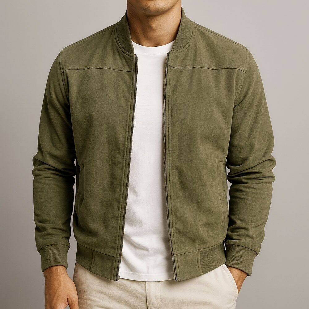 Men's Slim-Cut Suede-Finish Bomber Jacket – Olive Green