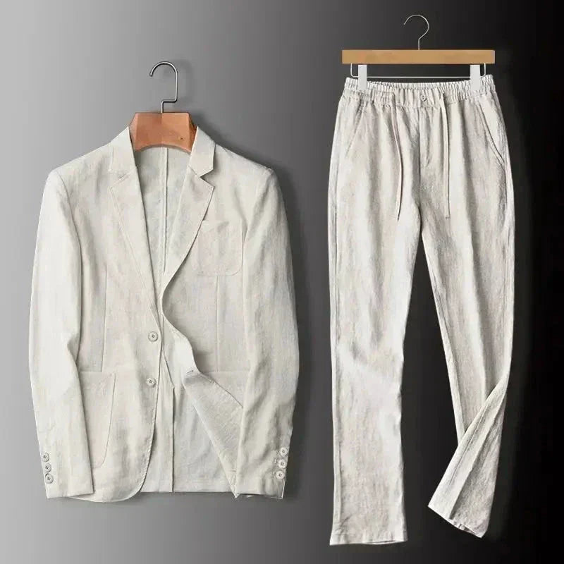 Men's Linen Blazer and Pants Set for Evening Wear – Beige