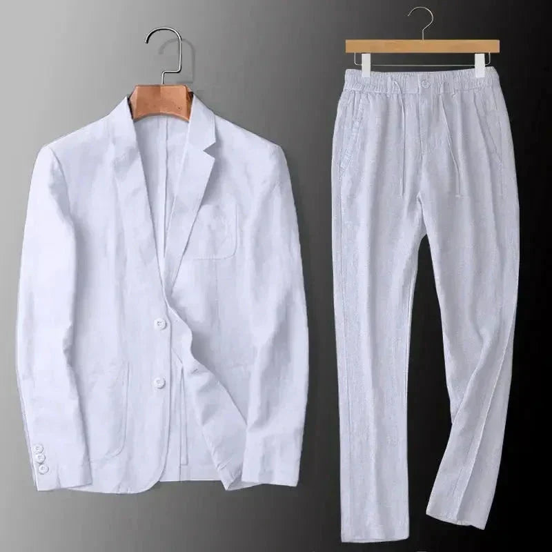 Men's Linen Blazer and Pants Set for Evening Wear – White/Dark Brown