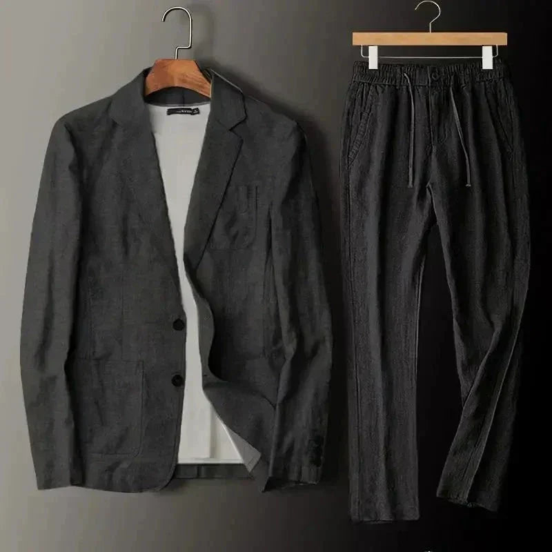 Men's Linen Blazer and Pants Set for Evening Wear – Black
