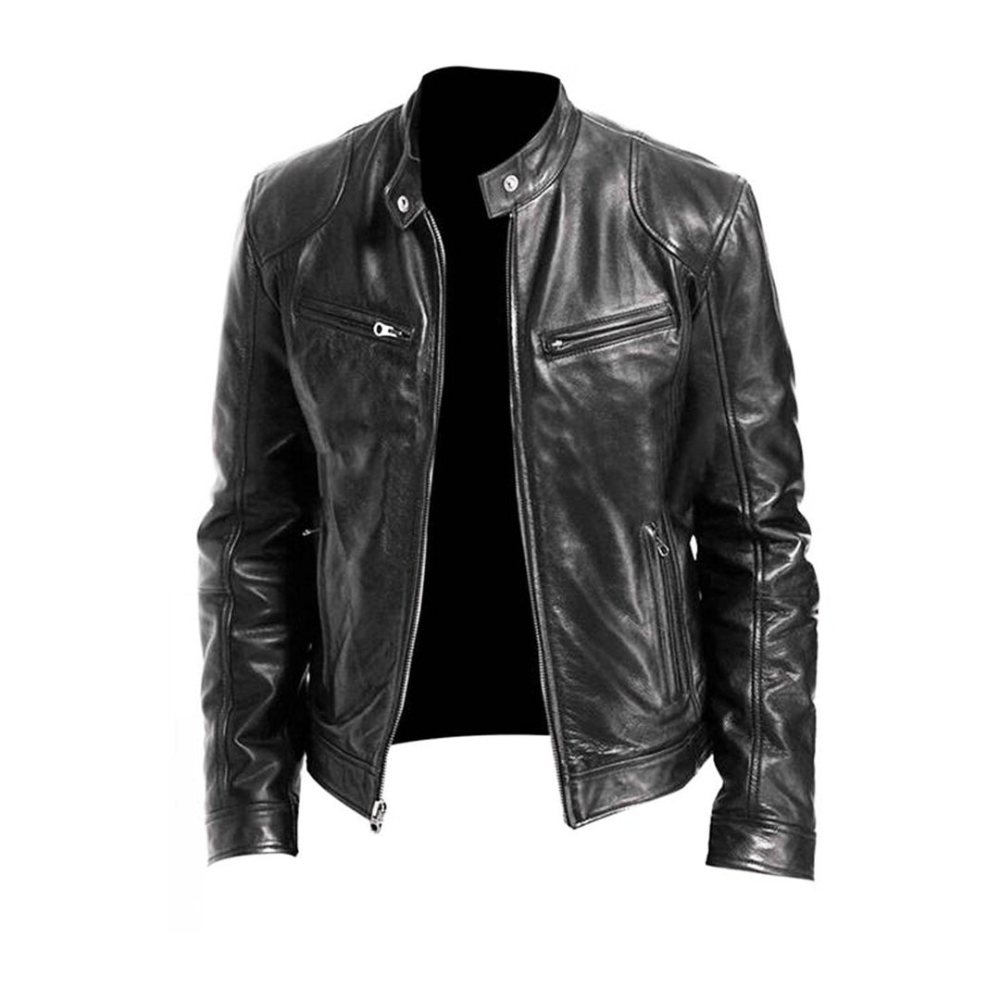 Men's Band-Collar Leather Racer Jacket for Winter – Black