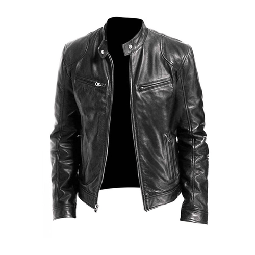 Men's Band-Collar Leather Racer Jacket for Winter – Black