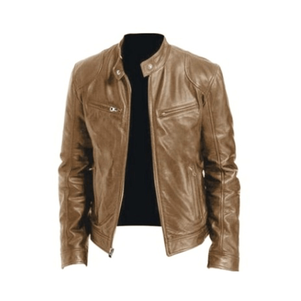 Men's Band-Collar Leather Racer Jacket for Winter – Light Brown