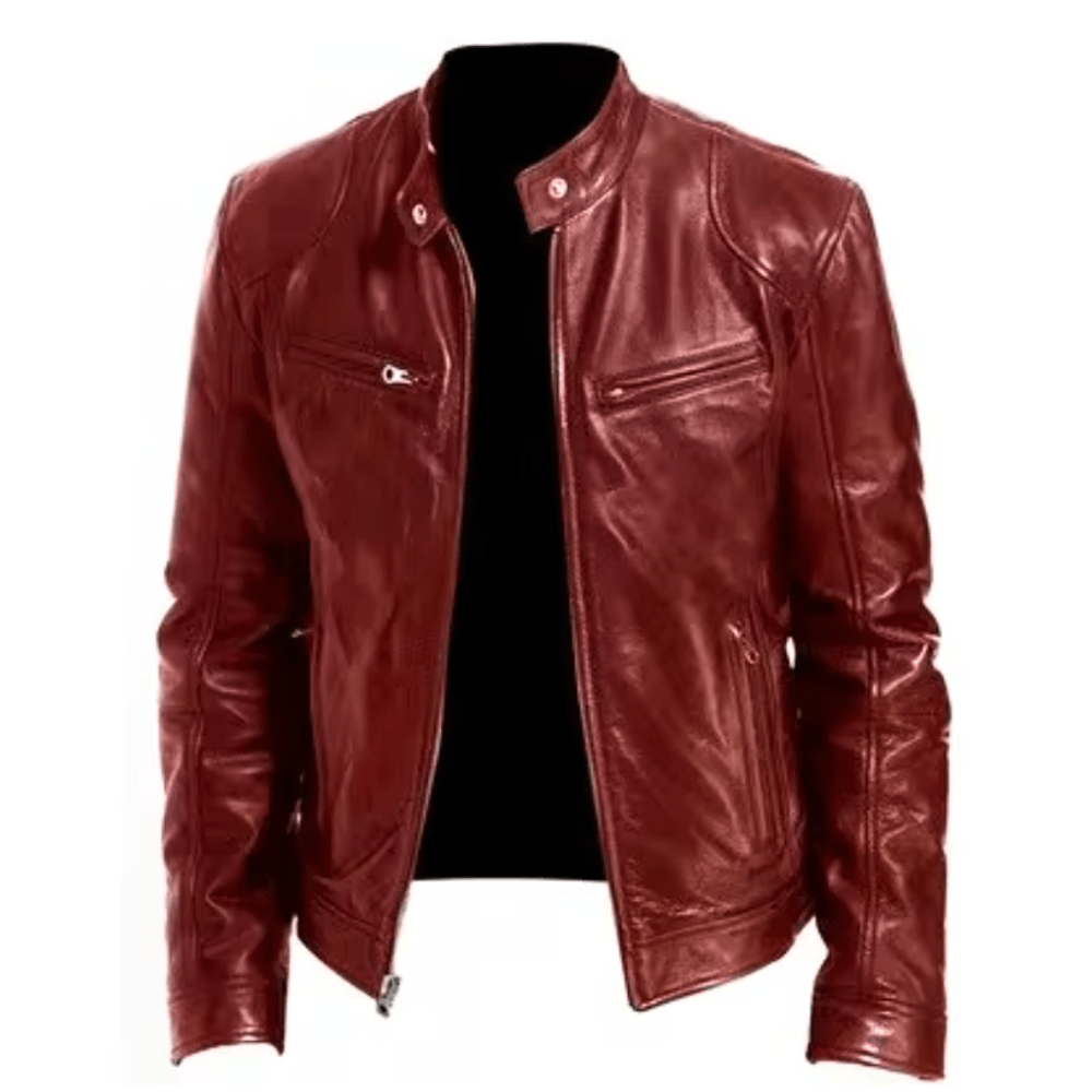 Men's Band-Collar Leather Racer Jacket for Winter – view 6