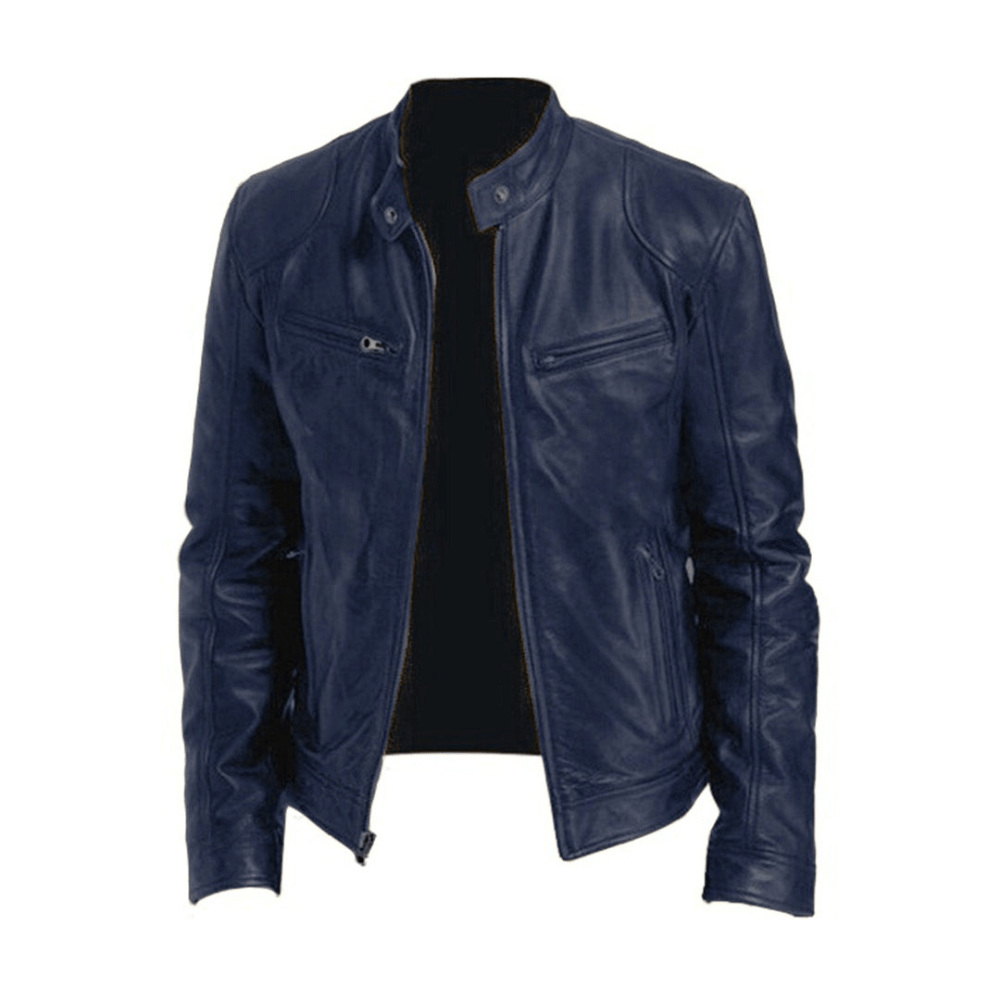 Men's Band-Collar Leather Racer Jacket for Winter – Navy Blue