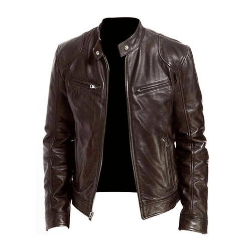 Men's Band-Collar Leather Racer Jacket for Winter – Dark Brown