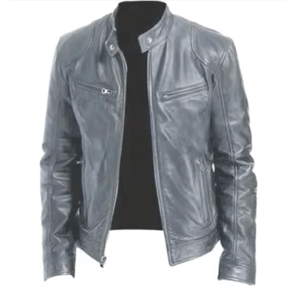 Men's Band-Collar Leather Racer Jacket for Winter – Gray