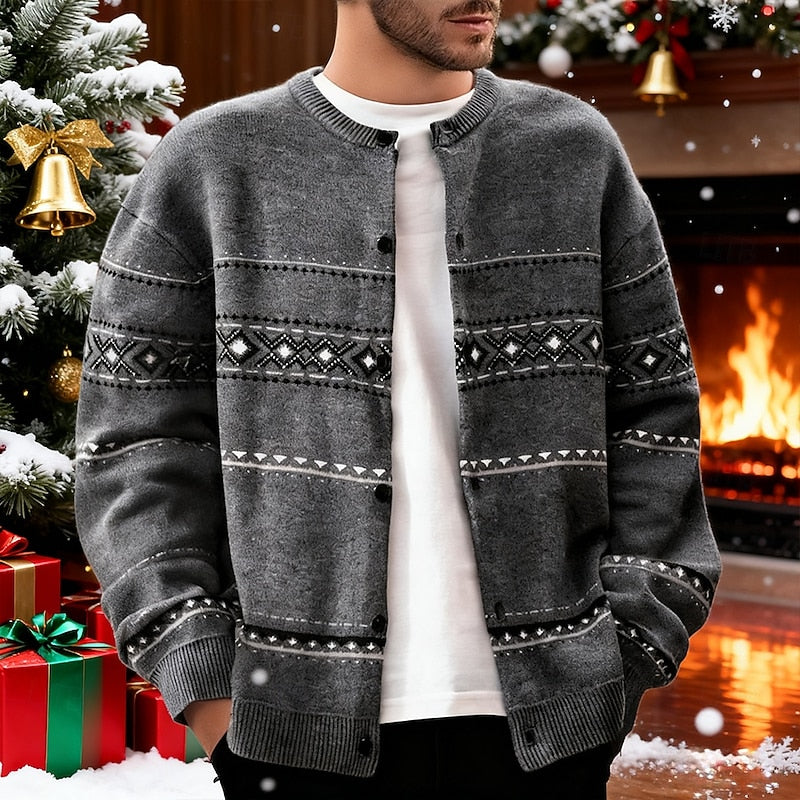 Men's Geometric Pattern Button-Front Holiday Knit Cardigan for Winter – view 1