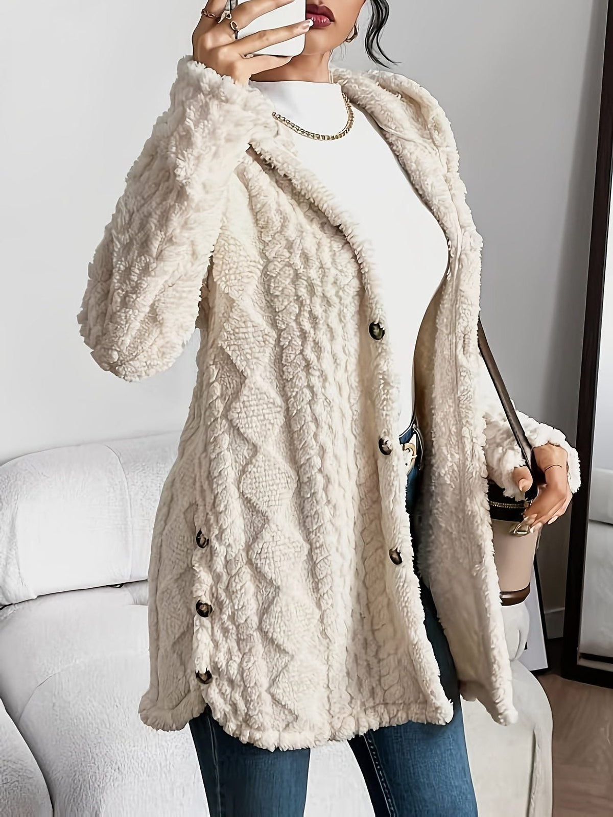Women's Fleece Loose-Fit Hood-Detail Knit Cardigan – Beige