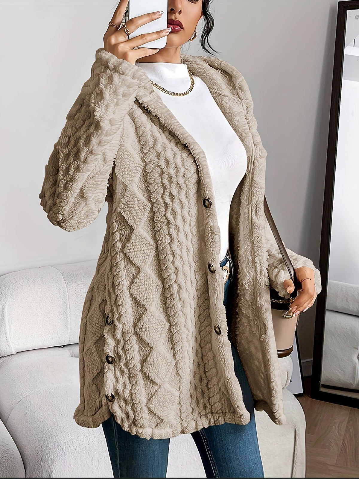Women's Fleece Loose-Fit Hood-Detail Knit Cardigan – Khaki