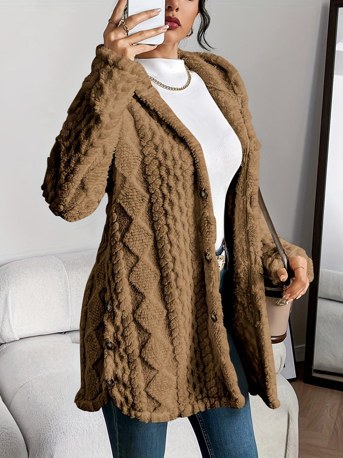 Women's Fleece Loose-Fit Hood-Detail Knit Cardigan – Brown